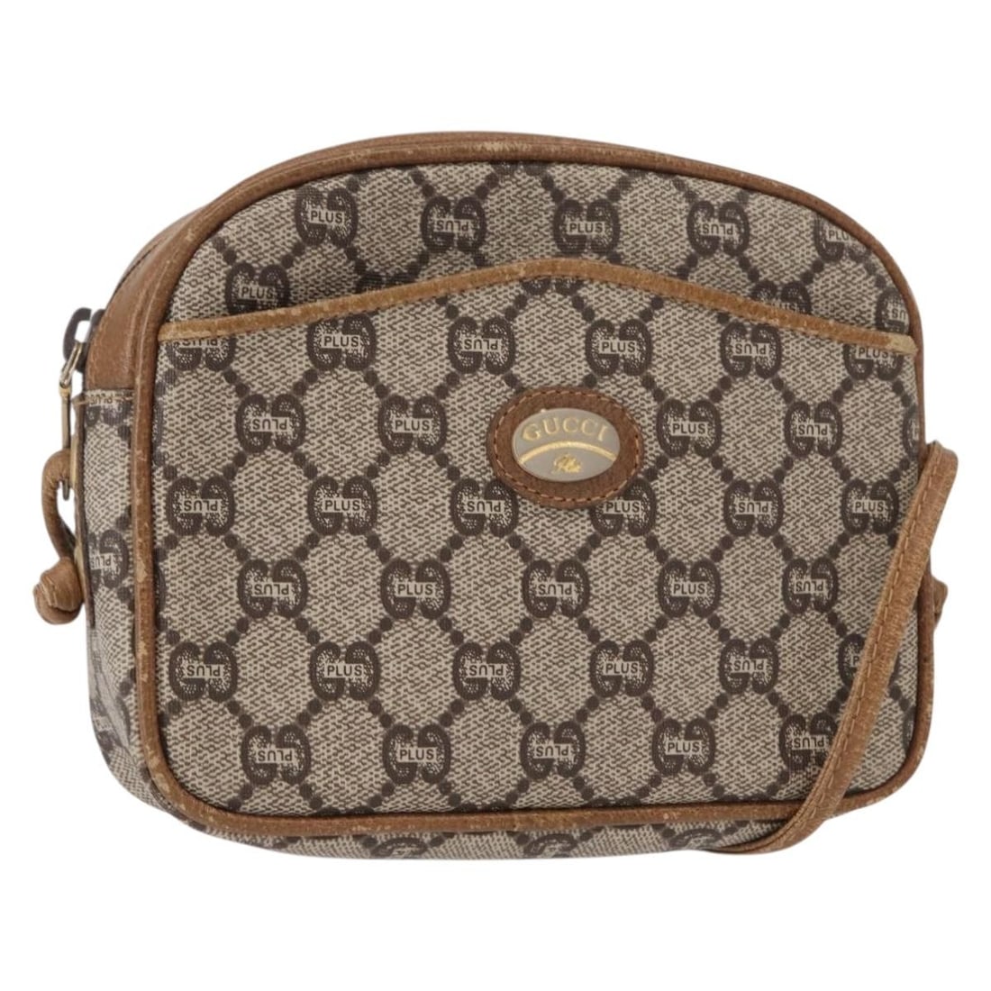 GUCCI GG Plus Supreme Beige Gold Shoulder Bag PVC Italy: GUCCI GG Plus Supreme Beige Gold Shoulder Bag PVC Italy This Gucci GG Plus Supreme Shoulder Bag combines elegance with practicality, crafted from durable PVC leather in a sophisticated beige and gold