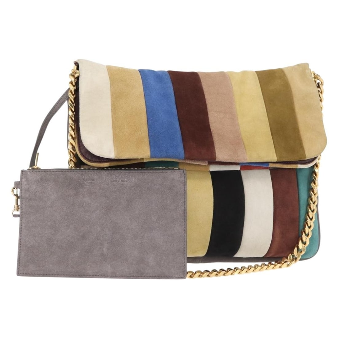 Celine Multicolor Suede Shoulder Bag with Gold Chain and Pouch: Celine Multicolor Suede Shoulder Bag with Gold Chain and Pouch This CELINE chain shoulder bag features a multicolor and gold suede exterior. It includes a matching pouch and is designed with a chain s