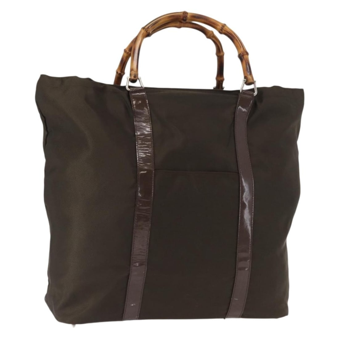 Gucci Bamboo Khaki Nylon Tote Silver Hardware Style 002 2058 0412 5: Gucci Bamboo Khaki Nylon Tote Silver Hardware Style 002 2058 0412 5 This GUCCI Bamboo Tote Bag features a khaki nylon exterior with silver accents. Made in Italy, the bag offers a spacious interior an