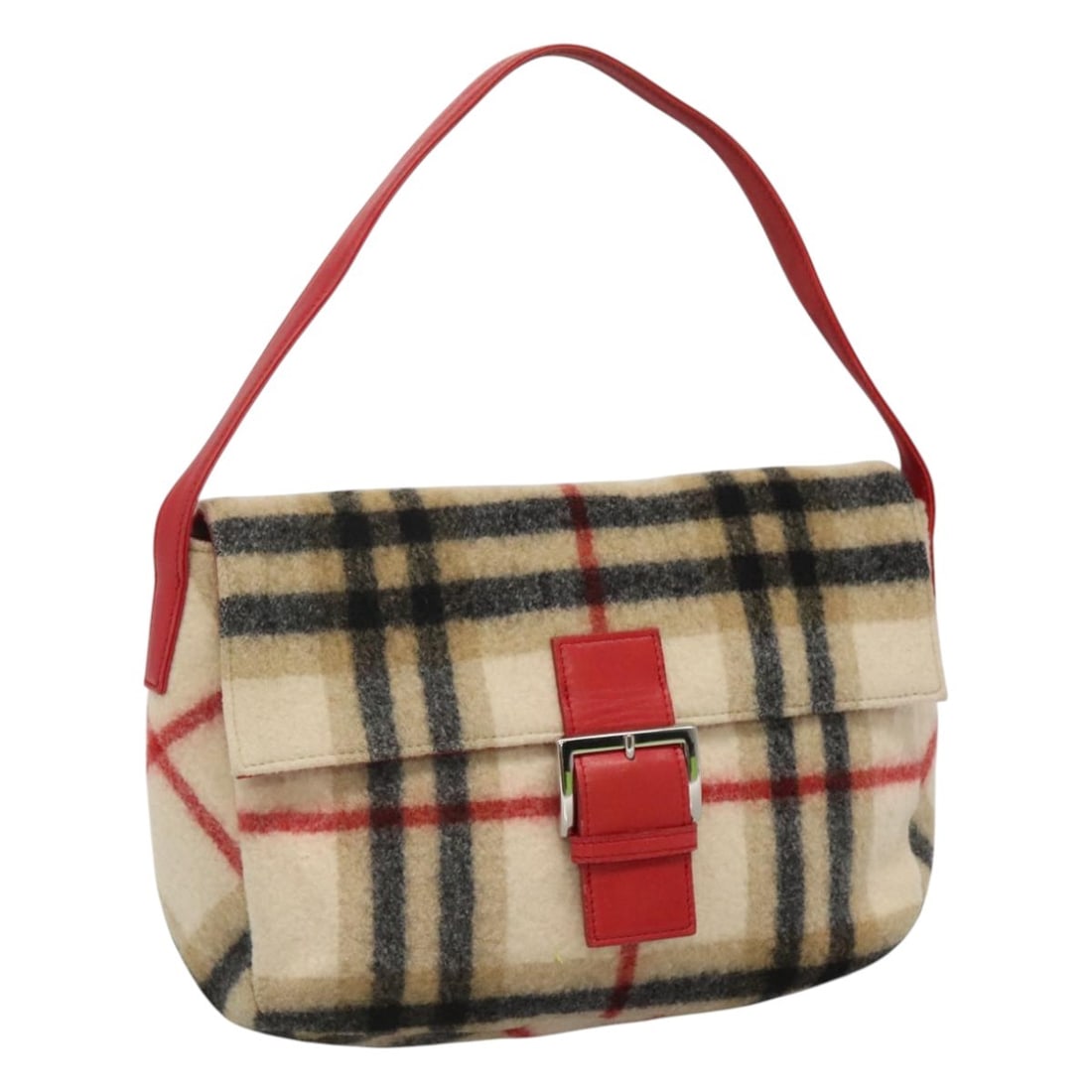 Burberrys Nova Check Wool Shoulder Bag Beige Red Silver Made in Japan: Burberrys Nova Check Wool Shoulder Bag Beige Red Silver Made in Japan This authentic Burberrys shoulder bag features a stylish combination of beige, red, and silver wool, making it a fashionable acces