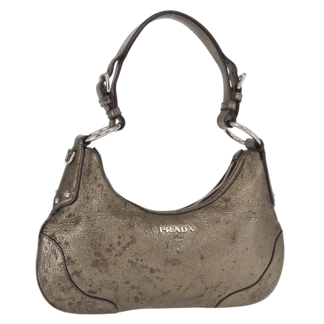 PRADA Bronze Silver Leather Shoulder Bag Auth 159784: PRADA Bronze Silver Leather Shoulder Bag Auth 159784 This authentic PRADA shoulder bag is a stylish accessory crafted from high-quality leather in a luxurious bronze and silver color combination. Made