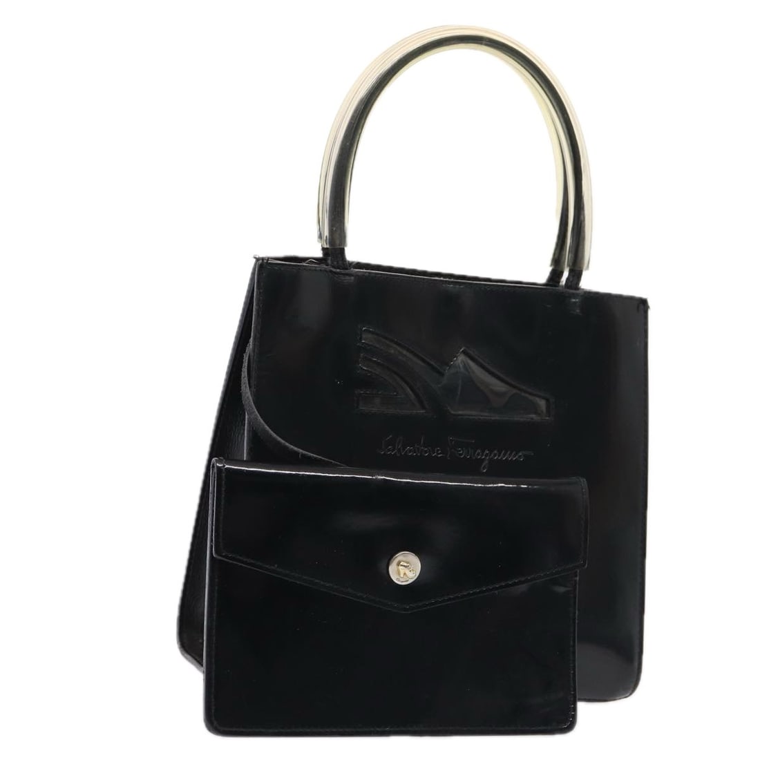 Salvatore Ferragamo Black Gold Enamel Hand Bag Authenticated Italy: Salvatore Ferragamo Black Gold Enamel Hand Bag Authenticated Italy This elegant Salvatore Ferragamo Hand Bag showcases a sophisticated design in a striking black and gold enamel finish. Measuring appr