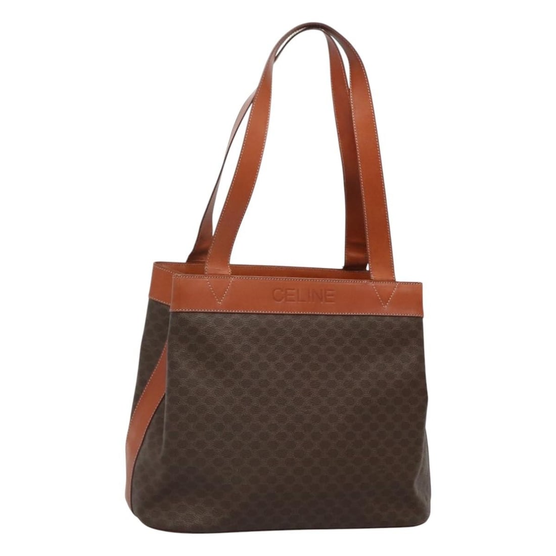 CELINE Brown Gold PVC Leather Macadam Shoulder Bag Made in Italy: CELINE Brown Gold PVC Leather Macadam Shoulder Bag Made in Italy This CELINE Macadam Canvas Shoulder Bag is a sophisticated accessory crafted from durable PVC leather in a rich brown and gold color sc