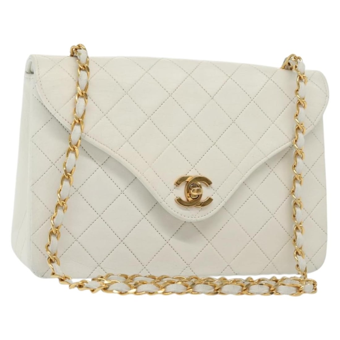 CHANEL Matelasse White Gold Lambskin Shoulder Bag Auth France: CHANEL Matelasse White Gold Lambskin Shoulder Bag Auth France This authentic CHANEL Matelasse Chain Shoulder Bag is crafted from luxurious lamb skin in a striking white and gold color combination. Des