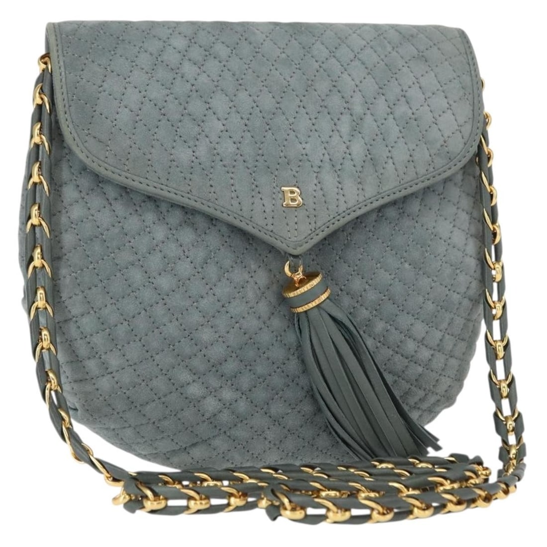 BALLY Gray Gold Suede Chain Shoulder Bag Auth 156484: BALLY Gray Gold Suede Chain Shoulder Bag Auth 156484 Elevate your style with this BALLY Chain Shoulder Bag, crafted from luxurious suede in a sophisticated gray and gold color palette. This Italian-ma