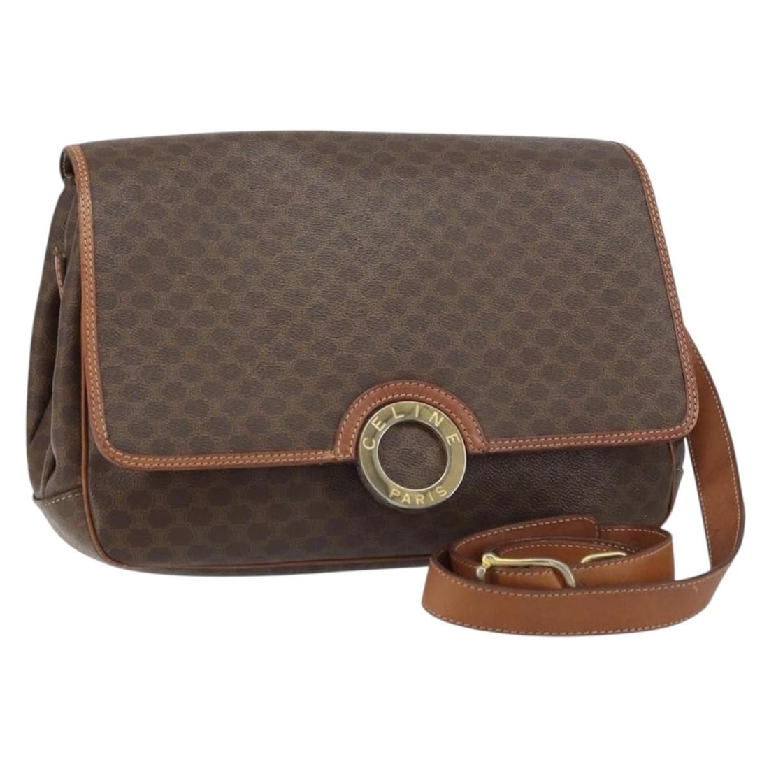 Celine Macadam Brown PVC Canvas Shoulder Bag with Gold Accents: Celine Macadam Brown PVC Canvas Shoulder Bag with Gold Accents This CELINE shoulder bag features the iconic Macadam canvas with PVC leather in a brown and gold color scheme. Made in Italy, it is desig