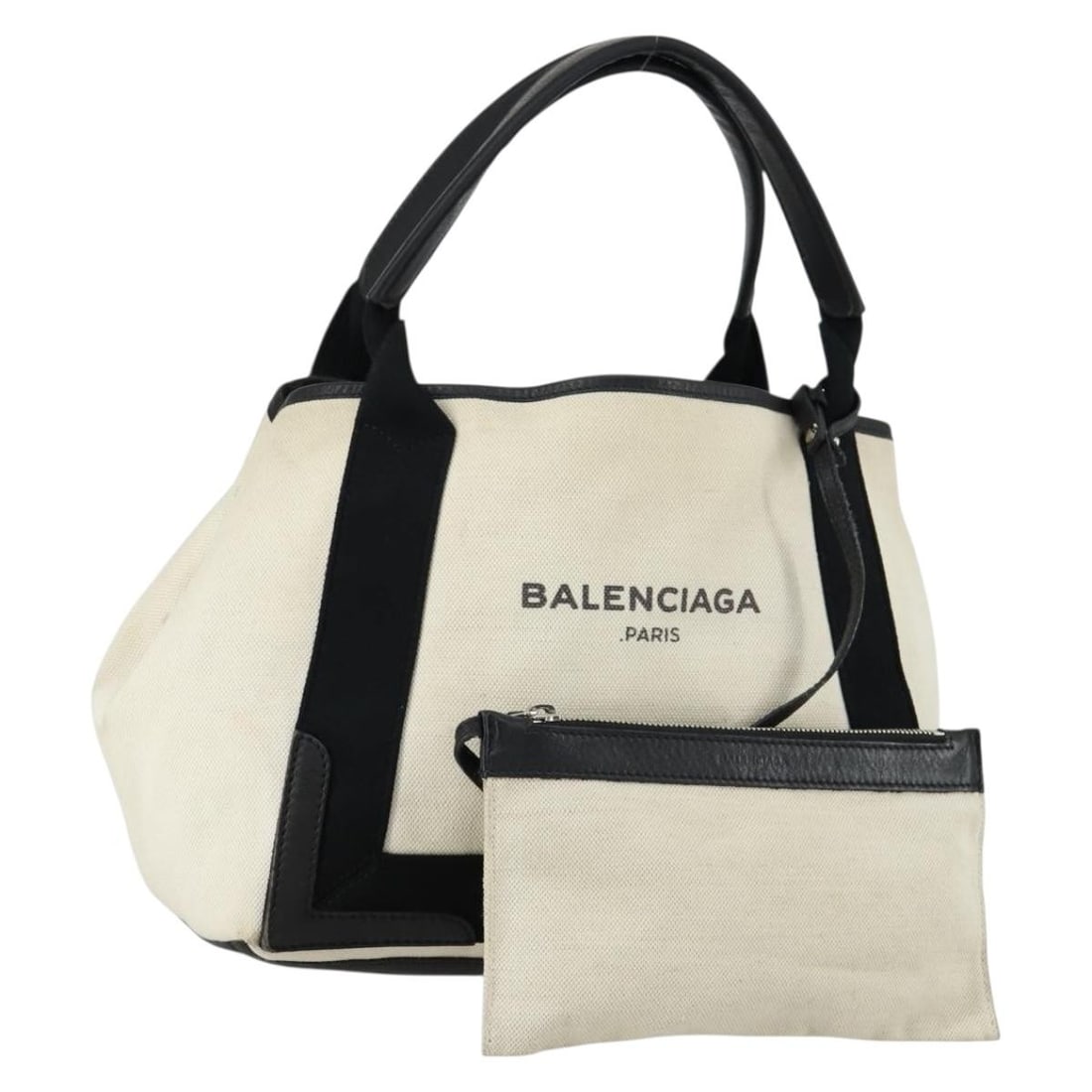 BALENCIAGA Navy Cabas S Hand Bag Canvas Black White 339933 Authentic: BALENCIAGA Navy Cabas S Hand Bag Canvas Black White 339933 Authentic This Balenciaga Navy Cabas S Hand Bag is a stylish accessory made of durable canvas in a striking black and white color scheme. Cra