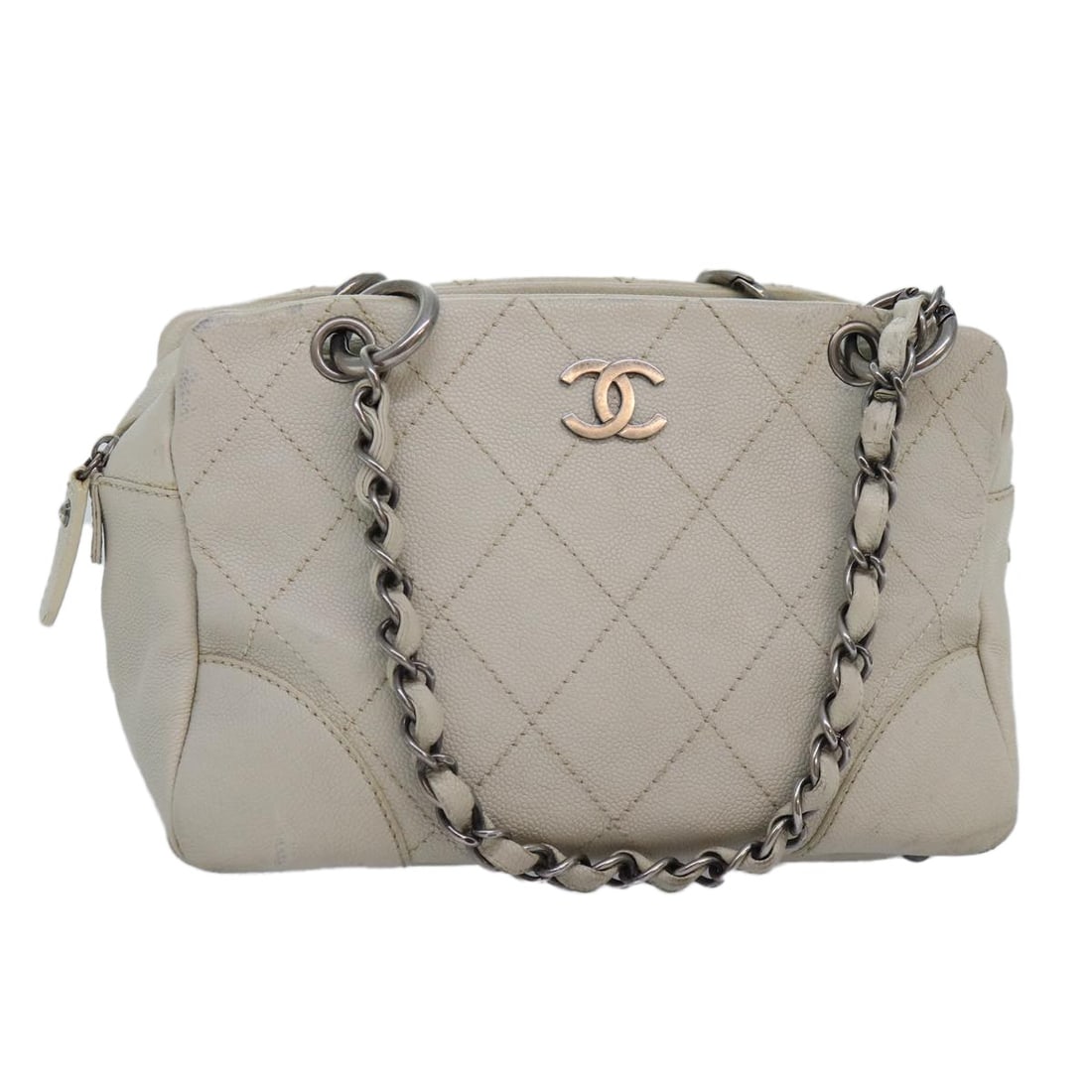 CHANEL White Silver Caviar Skin Matelasse Shoulder Bag Auth (1 of 18)