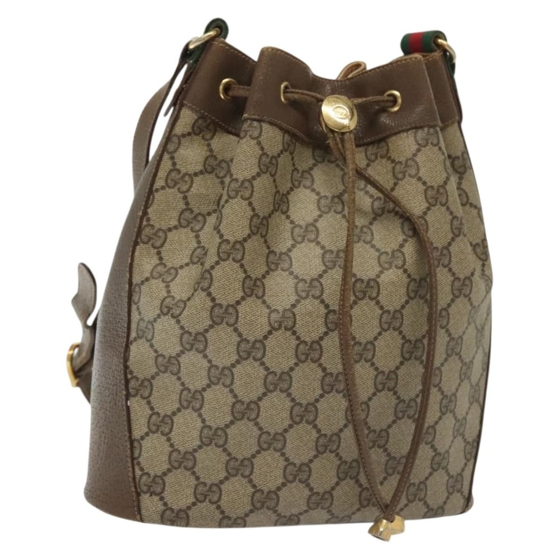 GUCCI GG Supreme Sherry Line Beige Gold Shoulder Bag PVC Italy Auth 72 02 034: GUCCI GG Supreme Sherry Line Beige Gold Shoulder Bag PVC Italy Auth 72 02 034 This authentic GUCCI GG Supreme Web Sherry Line Shoulder Bag features a luxurious beige and gold color combination. Crafte
