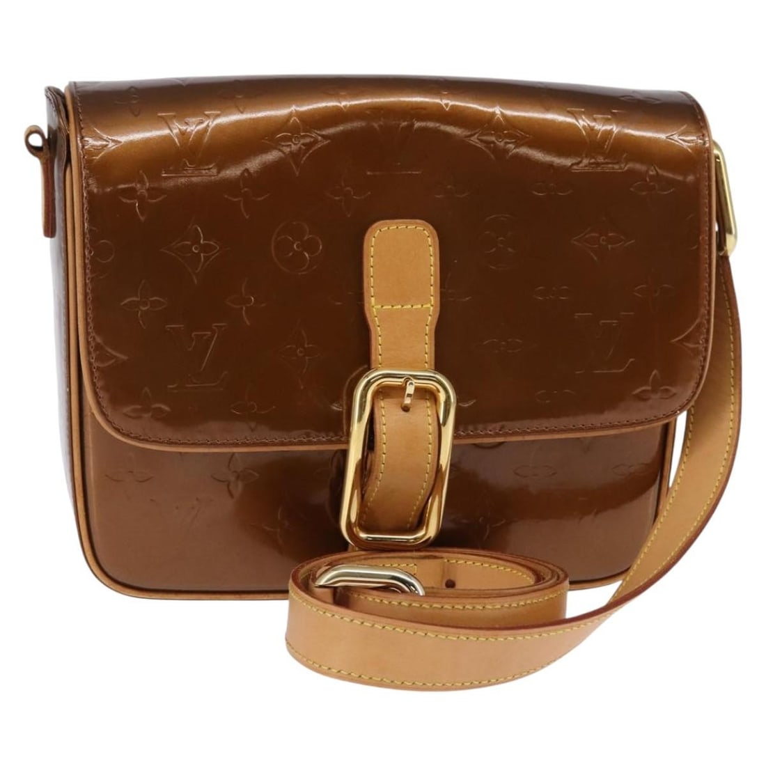 LOUIS VUITTON Monogram Vernis Christie GM Bronze Shoulder Bag M91107 Auth: LOUIS VUITTON Monogram Vernis Christie GM Bronze Shoulder Bag M91107 Auth This LOUIS VUITTON Monogram Vernis Christie GM Shoulder Bag showcases a stunning bronze patent leather exterior, reflecting th
