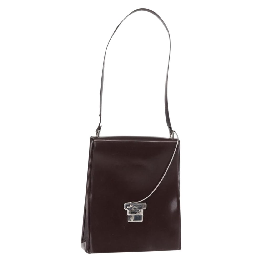 GUCCI Brown Silver Patent Leather Shoulder Bag Italy Auth BS30756: GUCCI Brown Silver Patent Leather Shoulder Bag Italy Auth BS30756 This stylish GUCCI shoulder bag is crafted from high-quality patent leather in a rich brown and silver color combination. Designed for