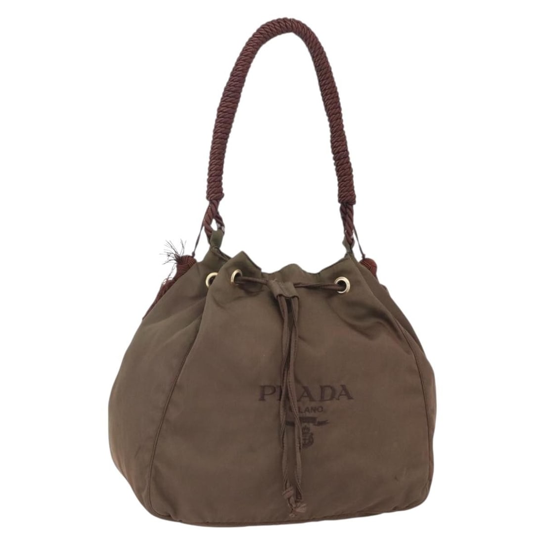 PRADA Khaki Gold Nylon Tassel Shoulder Bag Made in Italy: PRADA Khaki Gold Nylon Tassel Shoulder Bag Made in Italy This PRADA tassel shoulder bag is crafted from durable nylon in a stylish khaki and gold color combination. It showcases a spacious interior wi