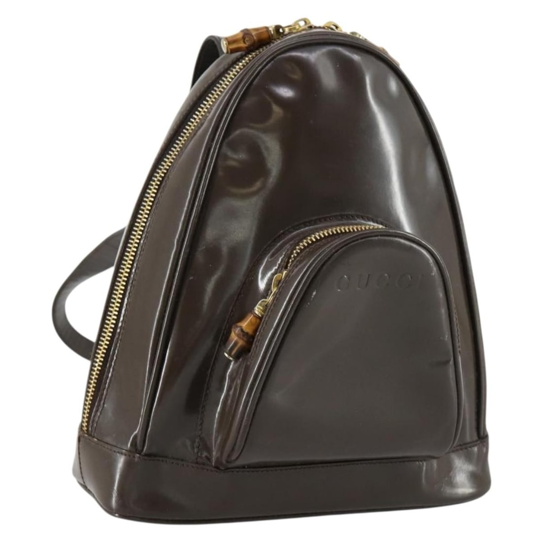 Brown Gold Enamel GUCCI Bamboo Shoulder Bag Model 003 3444 0127 Italy: Brown Gold Enamel GUCCI Bamboo Shoulder Bag Model 003 3444 0127 Italy This GUCCI Bamboo shoulder bag features a glossy enamel exterior in brown and gold tones, complemented by bamboo accents. Crafted