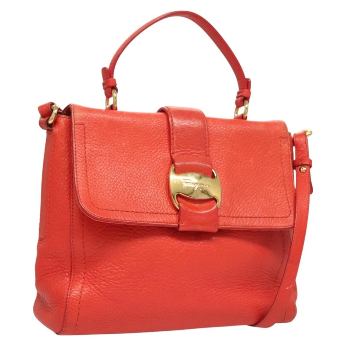 Salvatore Ferragamo Vera 2-Way Hand Bag Red Gold Leather Made in Italy (1 of 18)