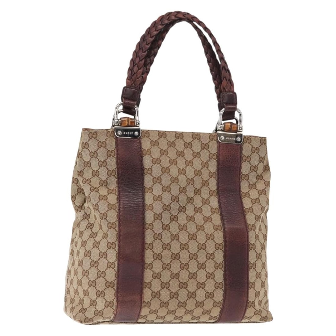 GUCCI Beige Silver GG Canvas Bamboo Tote Bag 232946 Auth (1 of 18)