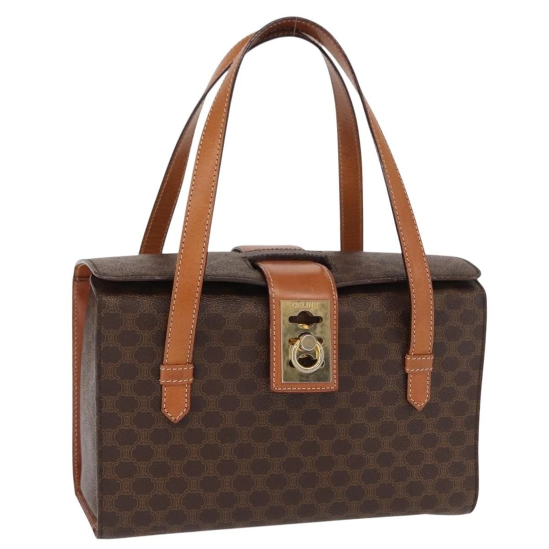 CELINE Brown Gold PVC Leather Macadam Hand Bag Authentic 156445: CELINE Brown Gold PVC Leather Macadam Hand Bag Authentic 156445 This authentic CELINE Macadam Canvas Hand Bag showcases a stylish combination of PVC leather in a rich brown and gold color scheme. Made