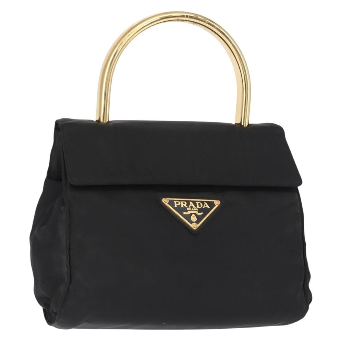 Black Nylon Prada Handbag with Gold Accents Made in Italy: Black Nylon Prada Handbag with Gold Accents Made in Italy This PRADA handbag features a classic black nylon exterior with gold-tone accents. Made in Italy, it offers a compact and versatile design ide