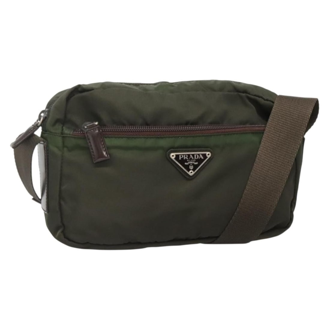PRADA Khaki Silver Nylon Shoulder Bag Italy Auth BS29203: PRADA Khaki Silver Nylon Shoulder Bag Italy Auth BS29203 This authentic PRADA shoulder bag combines practicality with style, featuring a durable nylon construction in a sophisticated khaki and silver