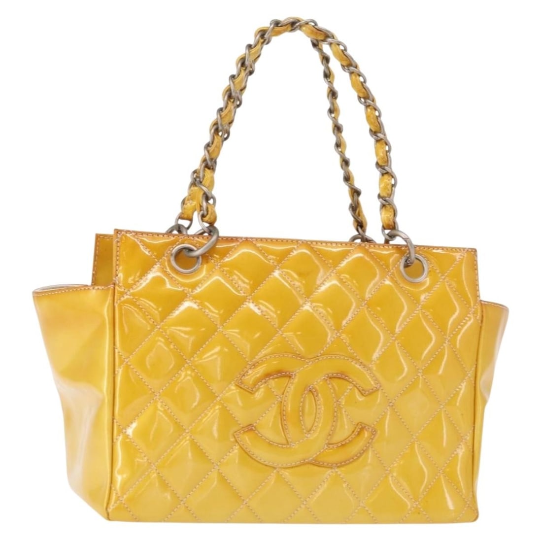 CHANEL Matelasse COCO Mark Yellow Patent Leather Chain Bag Auth: CHANEL Matelasse COCO Mark Yellow Patent Leather Chain Bag Auth This CHANEL Matelasse COCO Mark Chain Bag showcases a stunning patent leather exterior in a vibrant yellow and silver color combination.