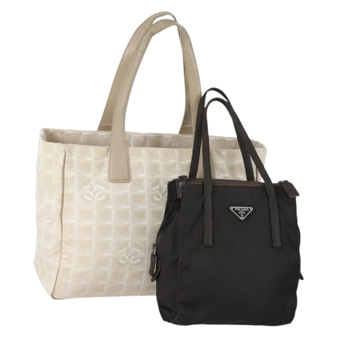 Set of 2 Chanel and Prada Nylon Shoulder Bags in Beige and Khaki: Set of 2 Chanel and Prada Nylon Shoulder Bags in Beige and Khaki This is a bundle set of two authentic CHANEL shoulder bags crafted from nylon in beige and khaki tones. Both bags feature classic CHANE