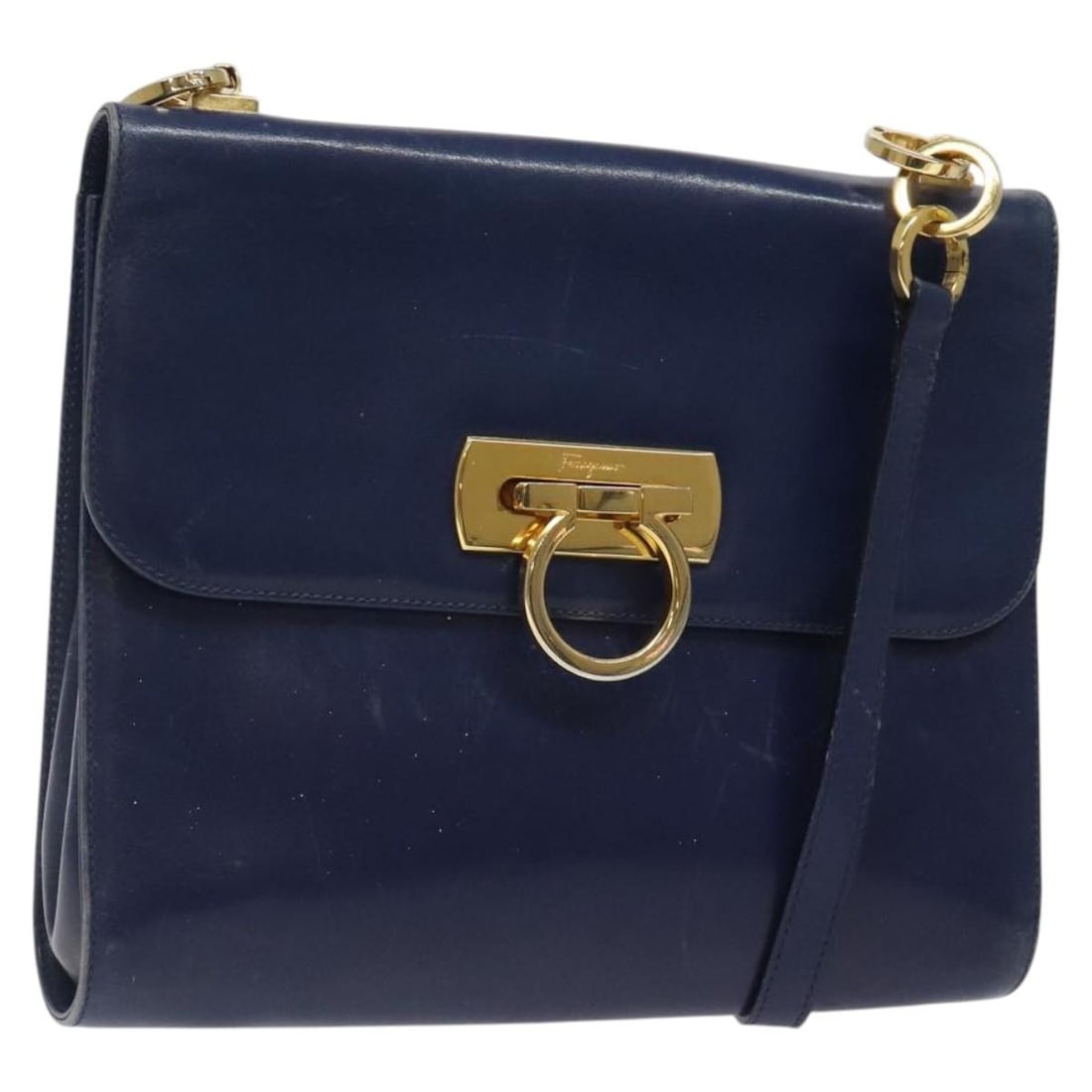 Salvatore Ferragamo Gancini Blue Leather Shoulder Bag Gold Accents Auth 124976 (1 of 18)