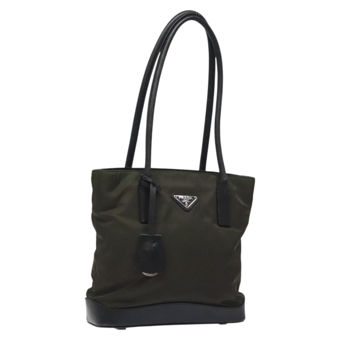 PRADA Khaki Nylon Tote Bag with Silver Accents Authentic SW785: PRADA Khaki Nylon Tote Bag with Silver Accents Authentic SW785 Discover the elegance of the PRADA Tote Bag crafted from high-quality nylon in a chic khaki and silver combination. Designed for both sty