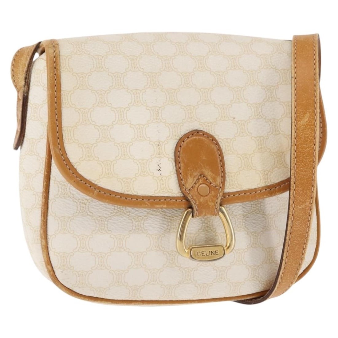 CELINE Macadam Canvas Shoulder Bag White Gold PVC Leather Italy: CELINE Macadam Canvas Shoulder Bag White Gold PVC Leather Italy This authentic Celine Macadam Canvas Shoulder Bag combines luxurious PVC leather with a striking white and gold design. Crafted in Italy