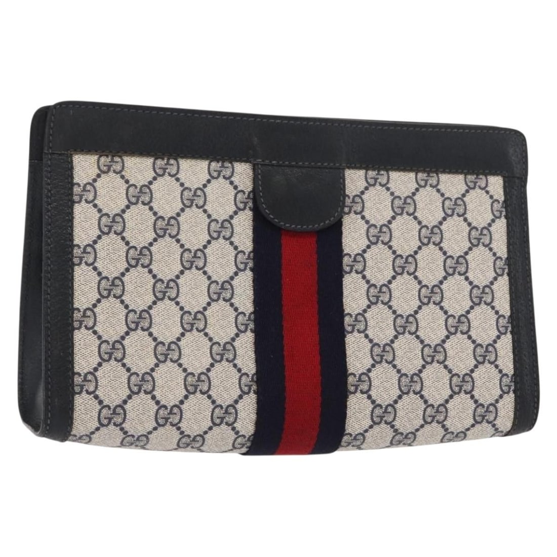 GUCCI GG Supreme Clutch Bag PVC Navy Gold Red 89 01 002 Authentic: GUCCI GG Supreme Clutch Bag PVC Navy Gold Red 89 01 002 Authentic Introducing the GUCCI GG Supreme Sherry Line Clutch Bag, a sophisticated accessory crafted in Italy. This stylish clutch features a lu