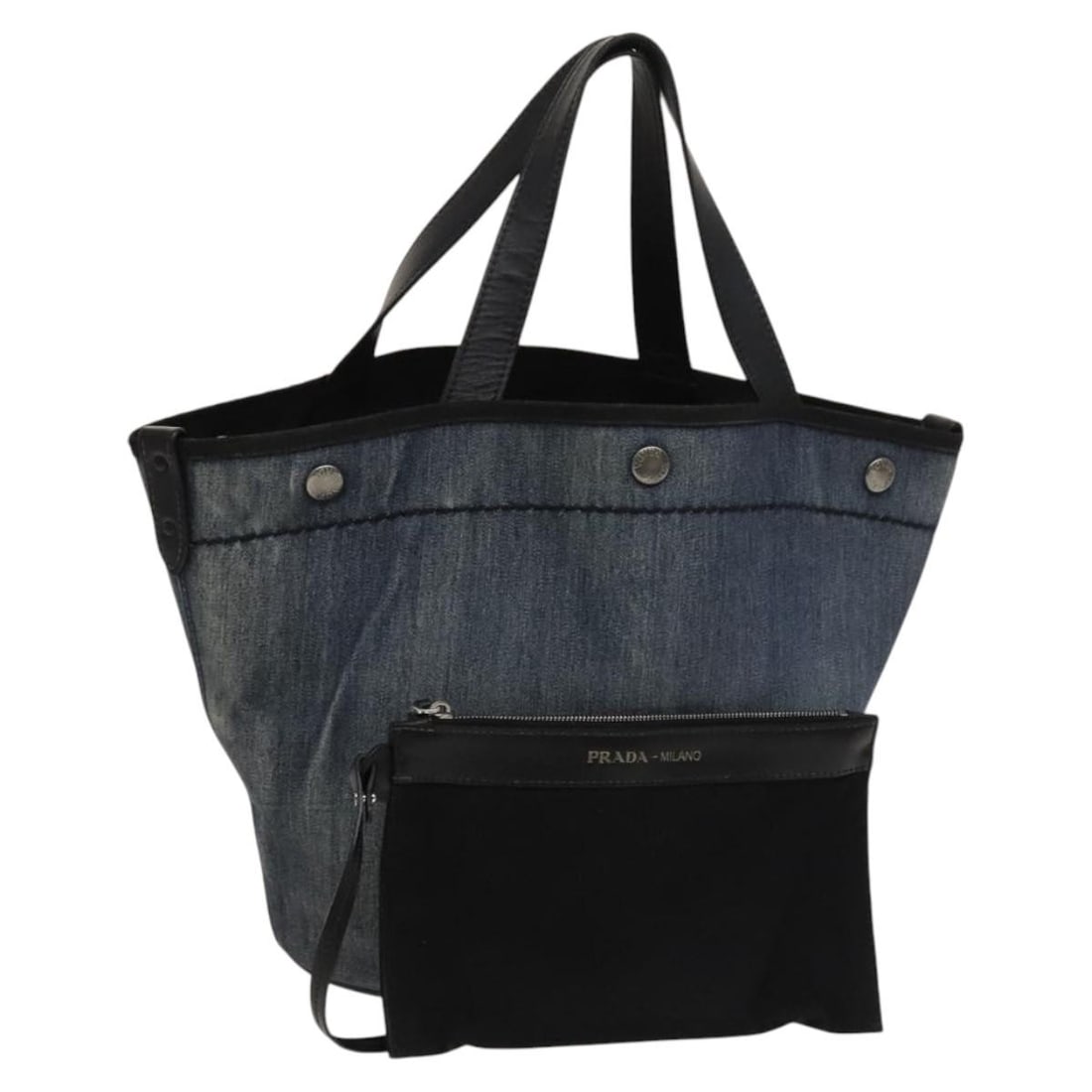 PRADA Denim Blue Silver Hand Bag Canvas Made in Italy: PRADA Denim Blue Silver Hand Bag Canvas Made in Italy This PRADA Hand Bag features a stylish combination of blue and silver canvas, showcasing the brand's signature elegance and quality. With approxim