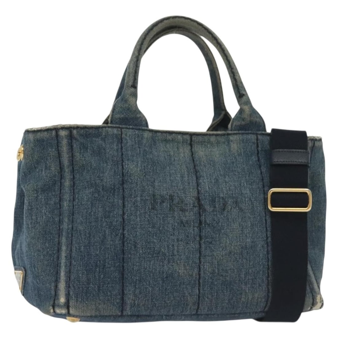 PRADA Canapa PM Denim Hand Bag Blue Gold Canvas Auth 141917 (1 of 18)
