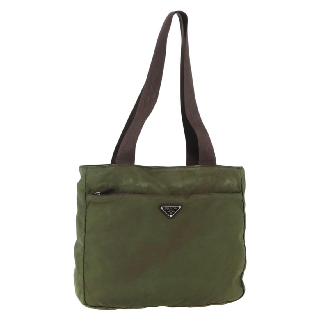 PRADA Khaki Nylon Tote Bag with Silver Accents Made in Italy: PRADA Khaki Nylon Tote Bag with Silver Accents Made in Italy This PRADA Tote Bag showcases a stylish and functional design, crafted from durable nylon in a chic khaki and silver color combination. Ide