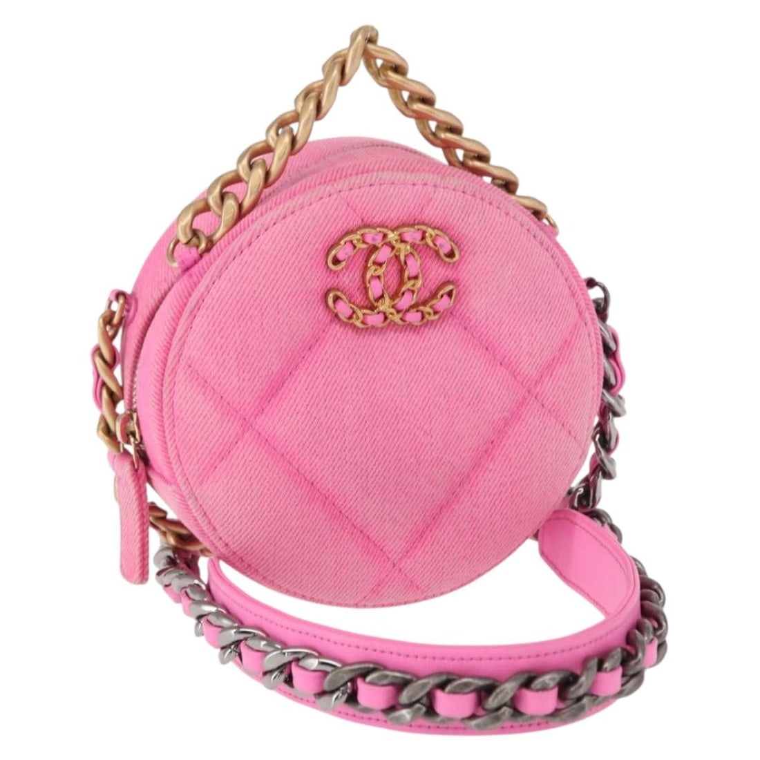 Pink and Gold Canvas Matelasse Shoulder Bag by CHANEL with Chain Strap: Pink and Gold Canvas Matelasse Shoulder Bag by CHANEL with Chain Strap This CHANEL Matelasse chain shoulder bag is crafted from canvas in a pink and gold color combination. Designed in a compact squar