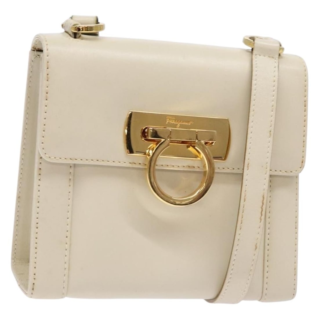 Salvatore Ferragamo Gancini White Gold Leather Shoulder Bag Auth BA213658 (1 of 18)