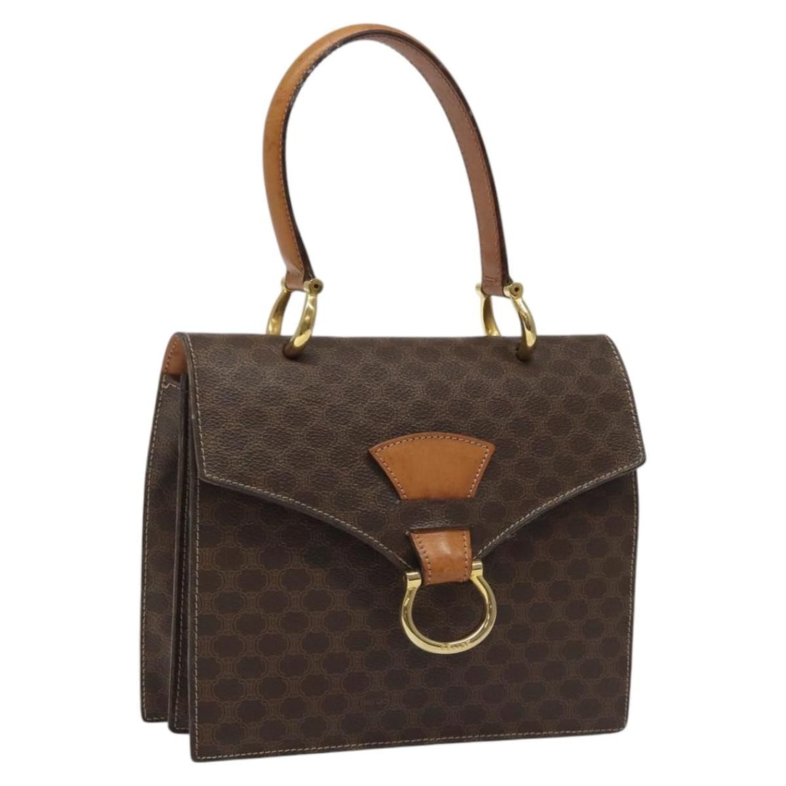 CELINE Macadam Canvas Hand Bag PVC Leather Brown Gold Made in Italy: CELINE Macadam Canvas Hand Bag PVC Leather Brown Gold Made in Italy This CELINE Macadam Hand Bag showcases a stylish blend of PVC leather and Macadam canvas in a chic brown and gold color scheme. With