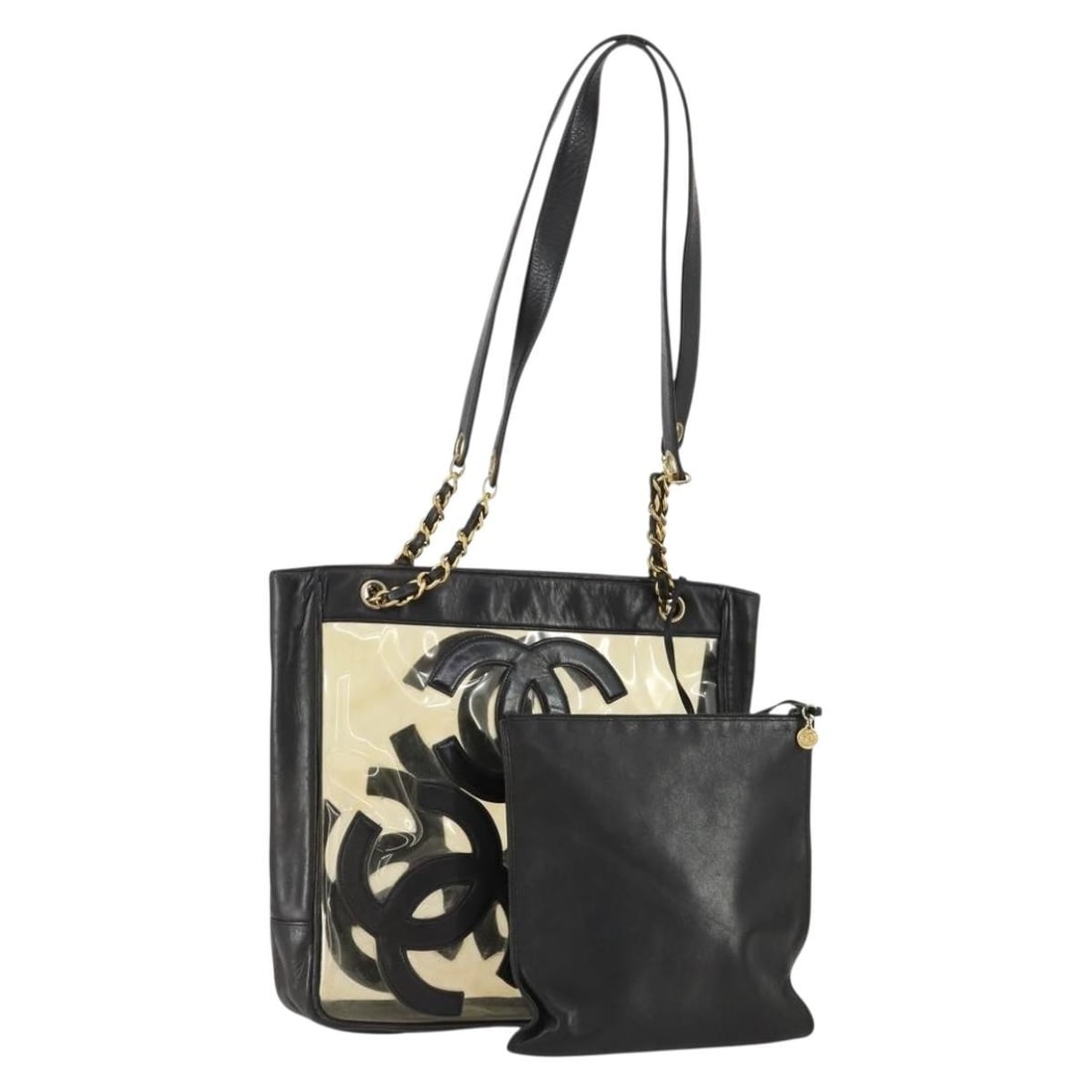 CHANEL Black Gold Vinyl Tote Bag with Pouch Made in Italy: CHANEL Black Gold Vinyl Tote Bag with Pouch Made in Italy This CHANEL tote bag in vinyl features a striking black and gold color scheme, making it a stylish choice for daily use. With dimensions of ap