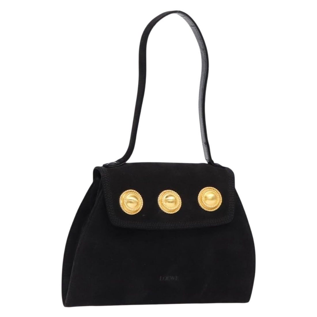 LOEWE Black Gold Suede Shoulder Bag Made in Spain: LOEWE Black Gold Suede Shoulder Bag Made in Spain This LOEWE shoulder bag combines elegant suede with a sophisticated black and gold color scheme, making it a timeless accessory for any style. Crafted