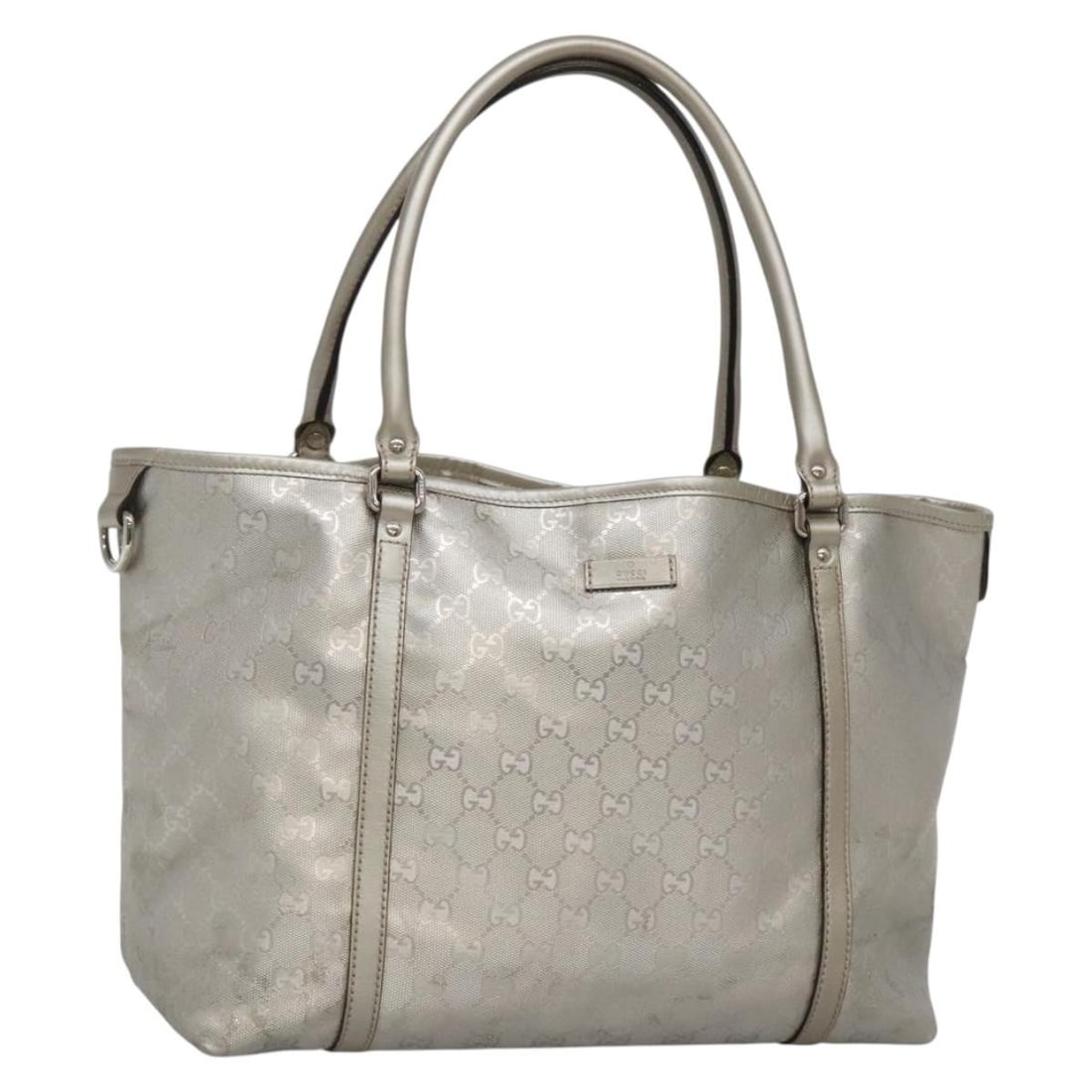 GUCCI GG Implementation Tote Bag Silver 197953 Made in Italy: GUCCI GG Implementation Tote Bag Silver 197953 Made in Italy This GUCCI GG Implementation Tote Bag is a stylish accessory made from GG Canvas in a striking silver color. The bag features a spacious in
