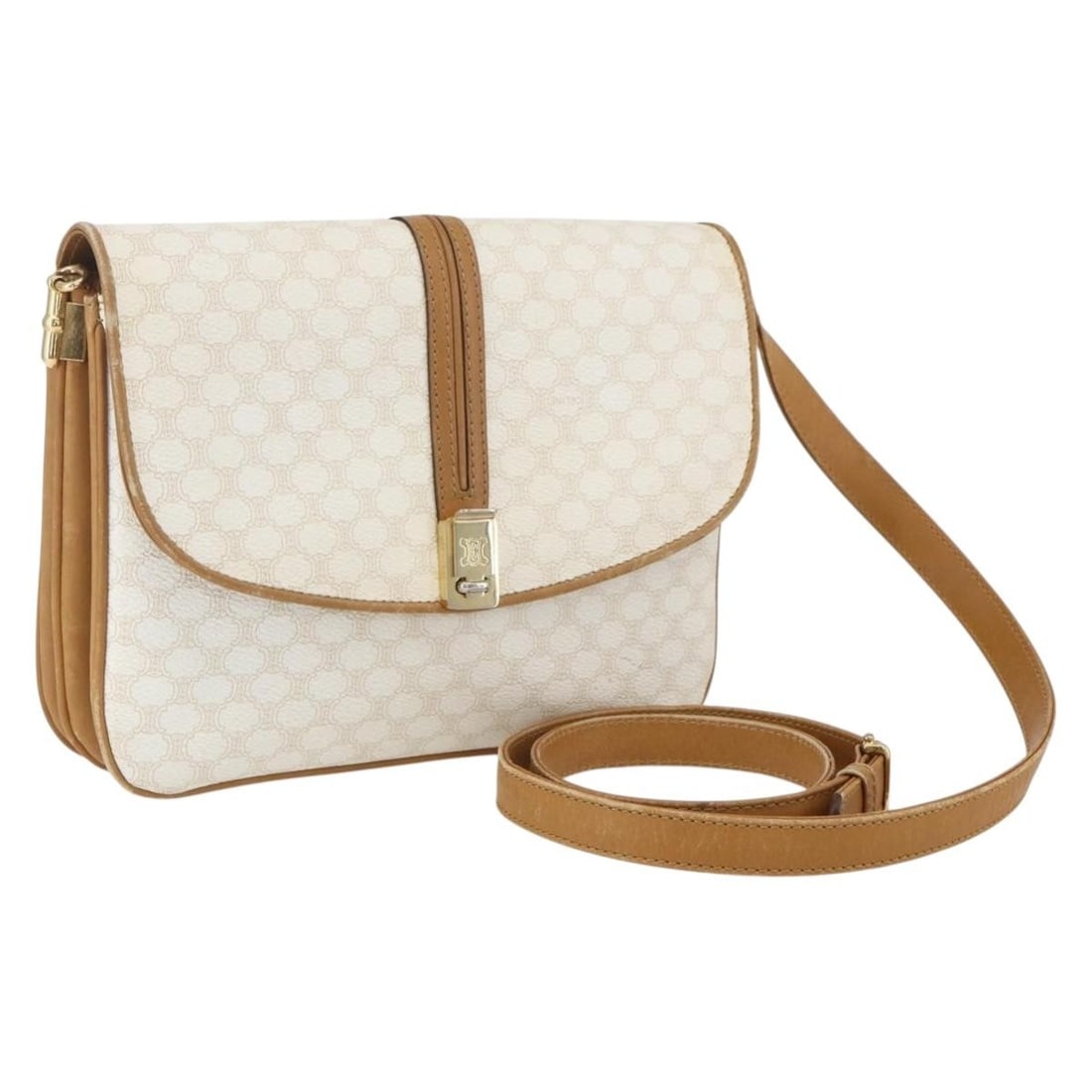 Celine Macadam Canvas and PVC White Gold Shoulder Bag Italy: Celine Macadam Canvas and PVC White Gold Shoulder Bag Italy This CELINE Macadam Canvas shoulder bag features a white and gold PVC leather exterior with the signature Macadam pattern. Designed in Italy