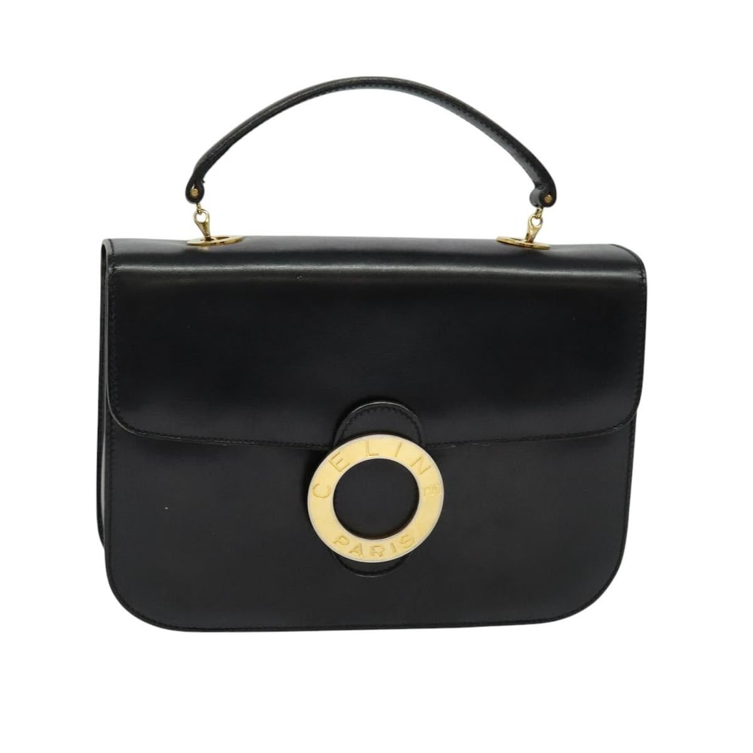 CELINE Black Leather Hand Bag Gold Accents Auth 125958 Italy (1 of 18)