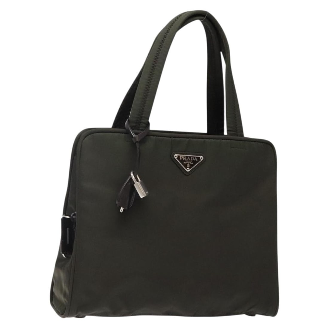PRADA Silver Khaki Nylon Hand Bag Italy Authentic: PRADA Silver Khaki Nylon Hand Bag Italy Authentic This authentic PRADA hand bag is crafted from durable nylon in a sophisticated silver and khaki color scheme, making it a stylish accessory for any oc
