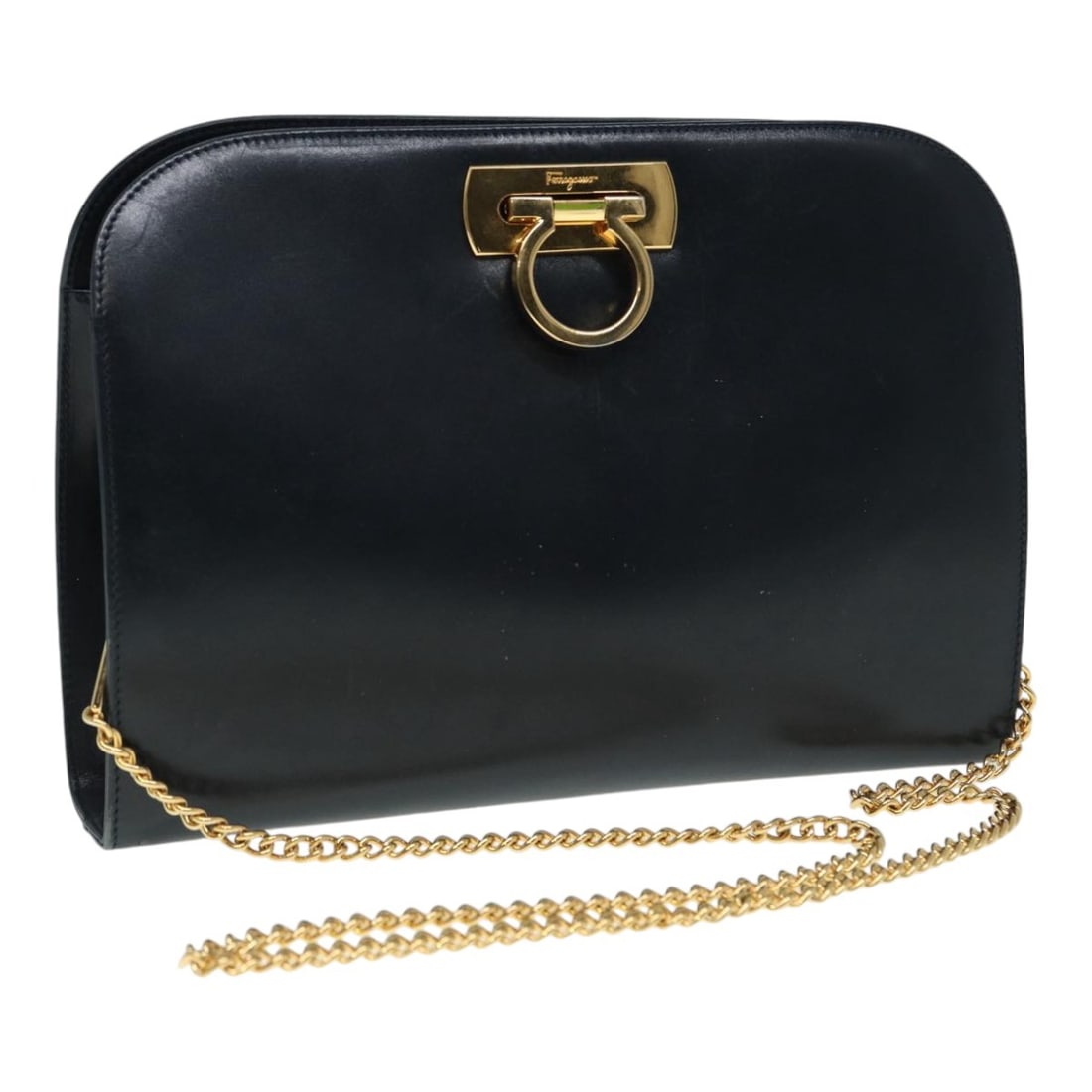 Salvatore Ferragamo Gancini Navy Gold Leather Shoulder Bag Auth Italy (1 of 18)