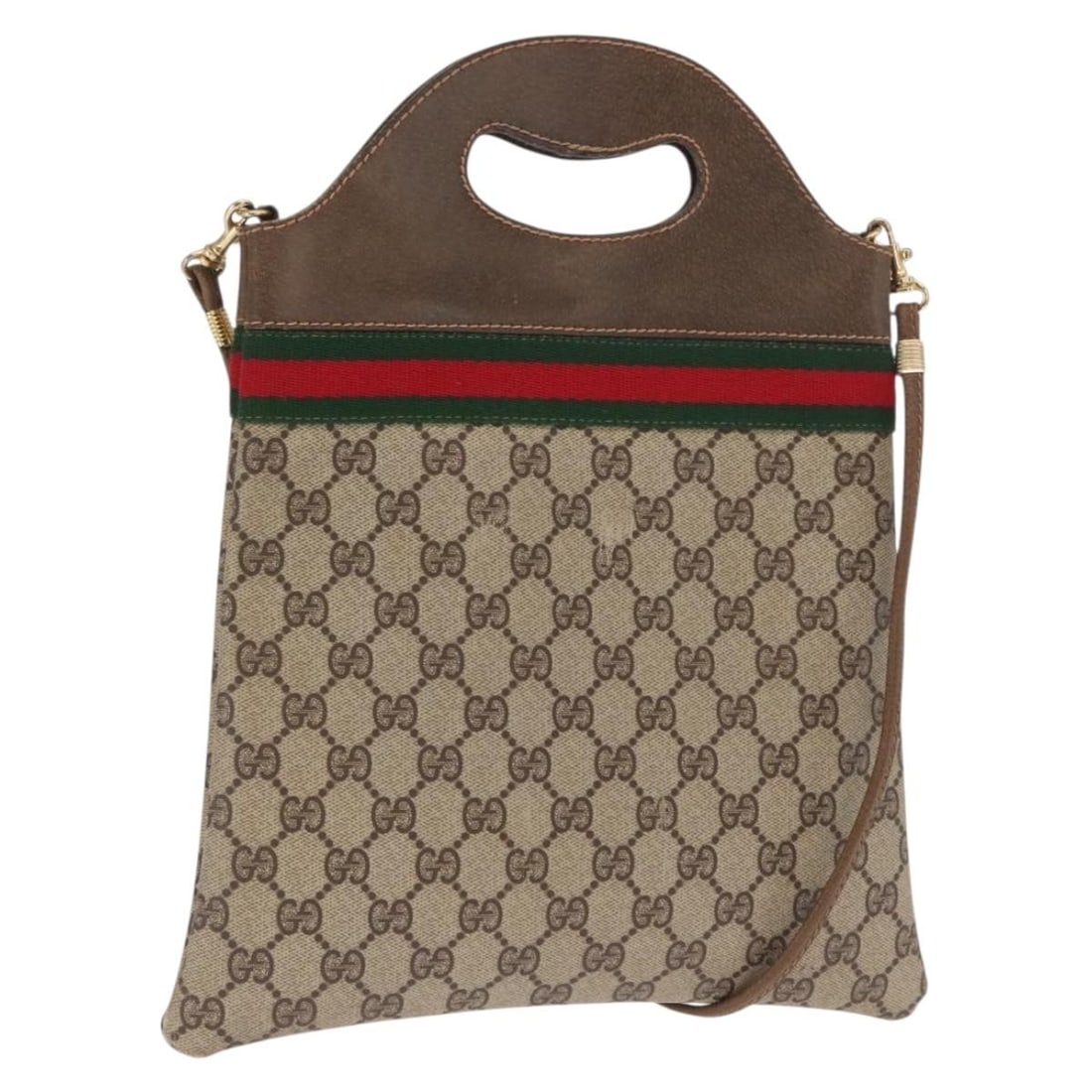 Beige GG Supreme Sherry Line 2way PVC Shoulder Handbag by Gucci: Beige GG Supreme Sherry Line 2way PVC Shoulder Handbag by Gucci This Gucci GG Supreme Web Sherry Line handbag features beige and gold PVC leather with GG canvas accents. The bag is designed for versat