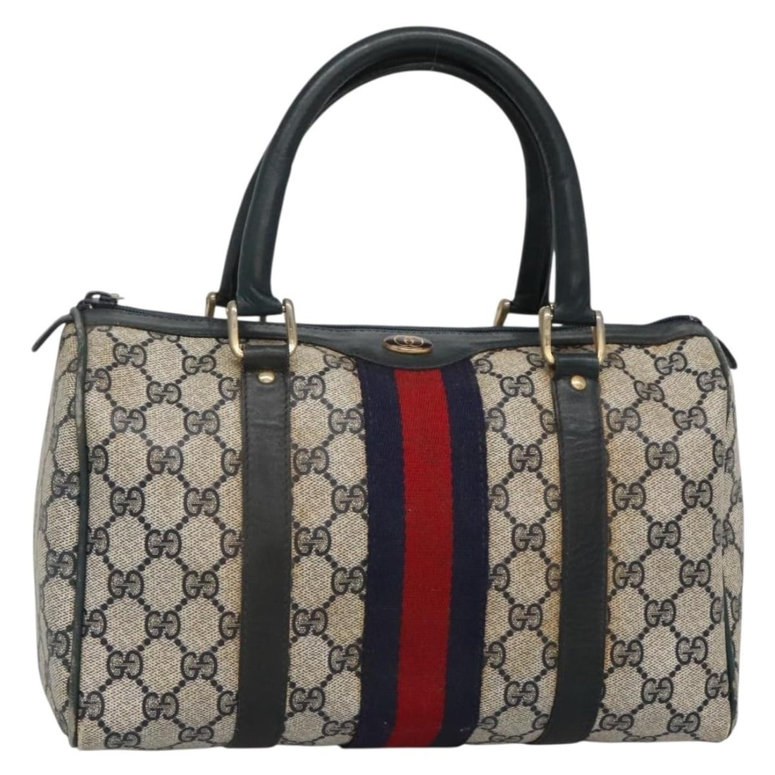 GUCCI GG Supreme Sherry PVC Hand Bag Navy Gold Red Italy Auth (1 of 18)