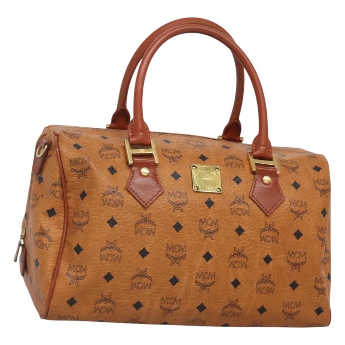 MCM Logogram Vicetos Boston Bag Brown Gold PVC Leather Auth 124167: MCM Logogram Vicetos Boston Bag Brown Gold PVC Leather Auth 124167 This MCM Logogram Vicetos Boston Bag showcases a stylish blend of brown and gold PVC leather, making it a chic accessory for any occa