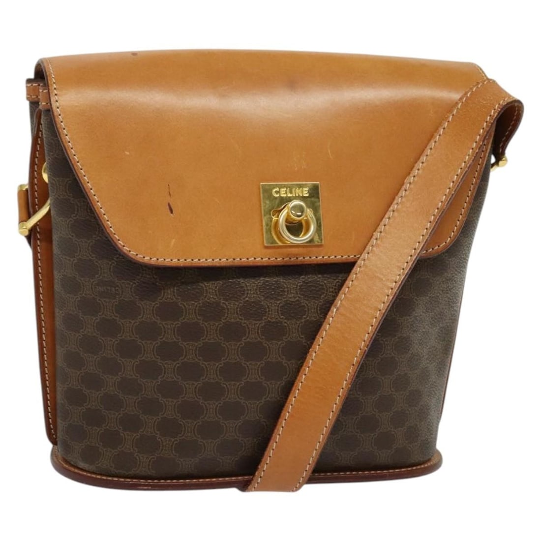 CELINE Macadam Canvas Shoulder Bag PVC Leather Brown Gold Made in Italy: CELINE Macadam Canvas Shoulder Bag PVC Leather Brown Gold Made in Italy This Celine Macadam Canvas Shoulder Bag features a combination of PVC leather and Macadam canvas in a sophisticated brown and go