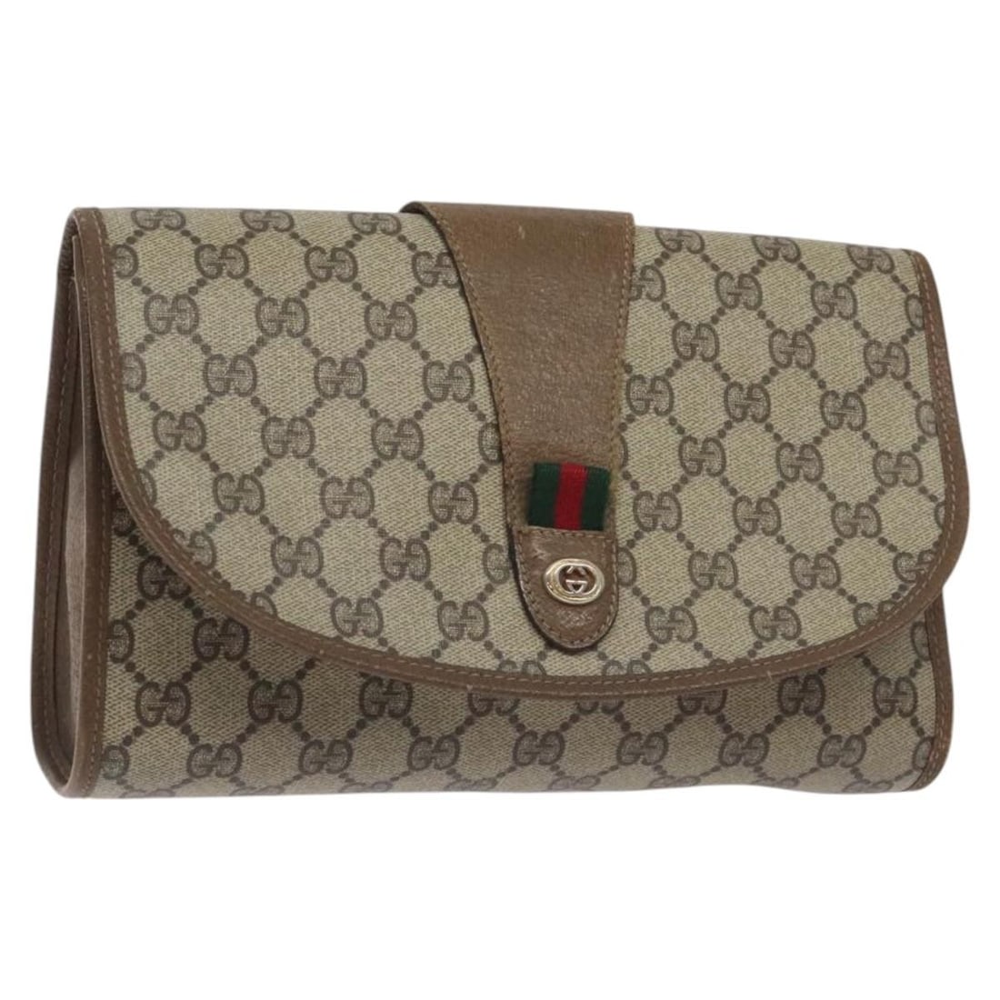 GUCCI GG Supreme Clutch Bag Beige Gold Red PVC 89 01 030 Made in Italy: GUCCI GG Supreme Clutch Bag Beige Gold Red PVC 89 01 030 Made in Italy This elegant Gucci GG Supreme Web Sherry Line Clutch Bag is crafted from durable PVC leather, featuring a chic beige, gold, and r