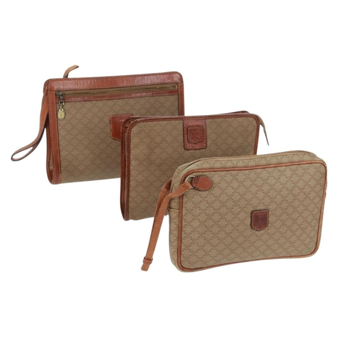 Set of 3 Beige Macadam Canvas Clutch Bags with PVC Leather by CELINE: Set of 3 Beige Macadam Canvas Clutch Bags with PVC Leather by CELINE This is a set of three CELINE Macadam clutch bags crafted from PVC leather and Macadam canvas in beige and orange tones. Made in It
