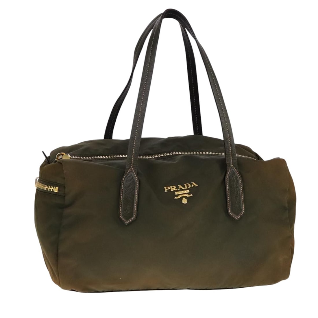 PRADA Khaki Gold Nylon Boston Bag Italy Authentic: PRADA Khaki Gold Nylon Boston Bag Italy Authentic This PRADA Boston Bag is a stylish accessory crafted from durable nylon in a chic khaki and gold color combination. With dimensions of approximately 1