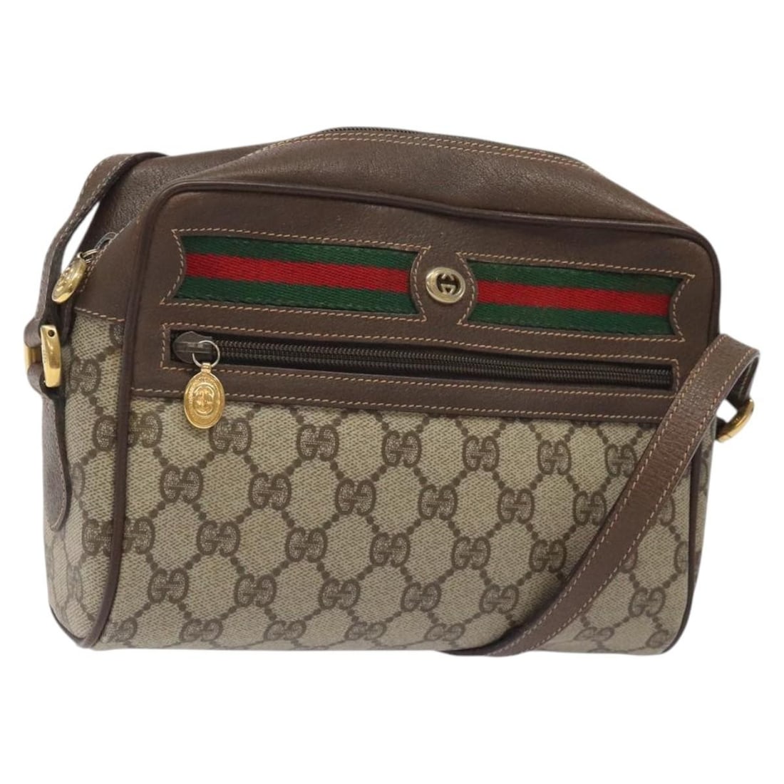 GUCCI GG Supreme Web Sherry Shoulder Bag PVC Beige Red 56 02 087 Auth: GUCCI GG Supreme Web Sherry Shoulder Bag PVC Beige Red 56 02 087 Auth This authentic GUCCI GG Supreme Web Sherry Line Shoulder Bag is a stylish accessory crafted from durable PVC leather, featuring a