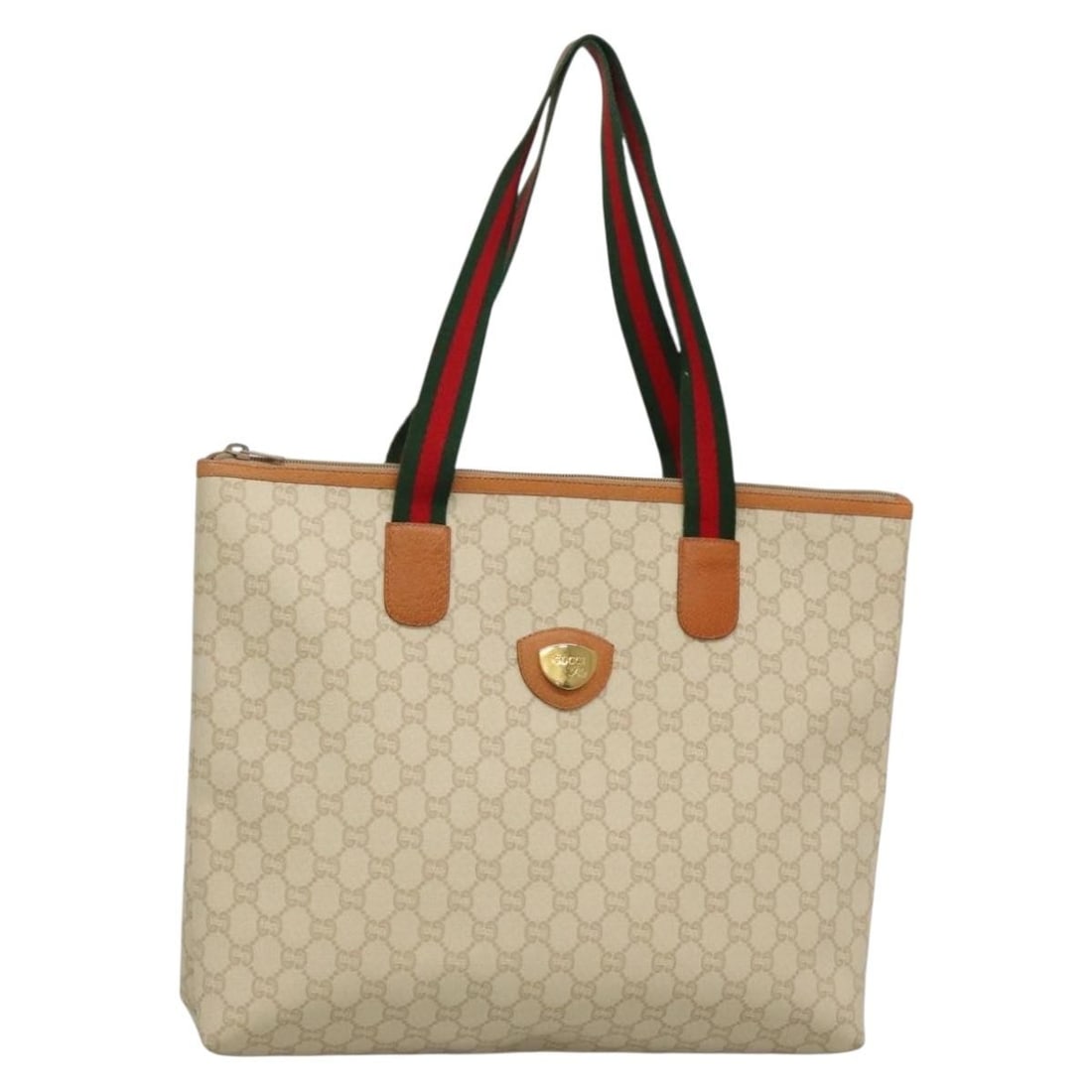 GUCCI Plus Supreme Web Sherry Line Tote Bag PVC Cream Gold Italy: GUCCI Plus Supreme Web Sherry Line Tote Bag PVC Cream Gold Italy Elevate your accessory collection with this Gucci Plus Supreme Web Sherry Line Tote Bag. Crafted from durable PVC leather in a sophisti